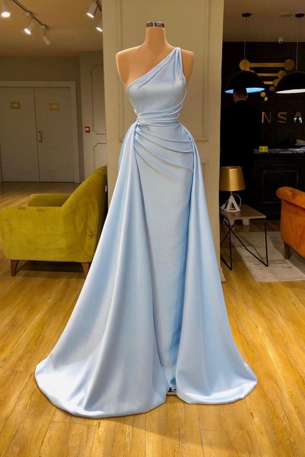Amazing One Shoulder Satin Long Evening Dress with Sweep Train-newarrivaldress