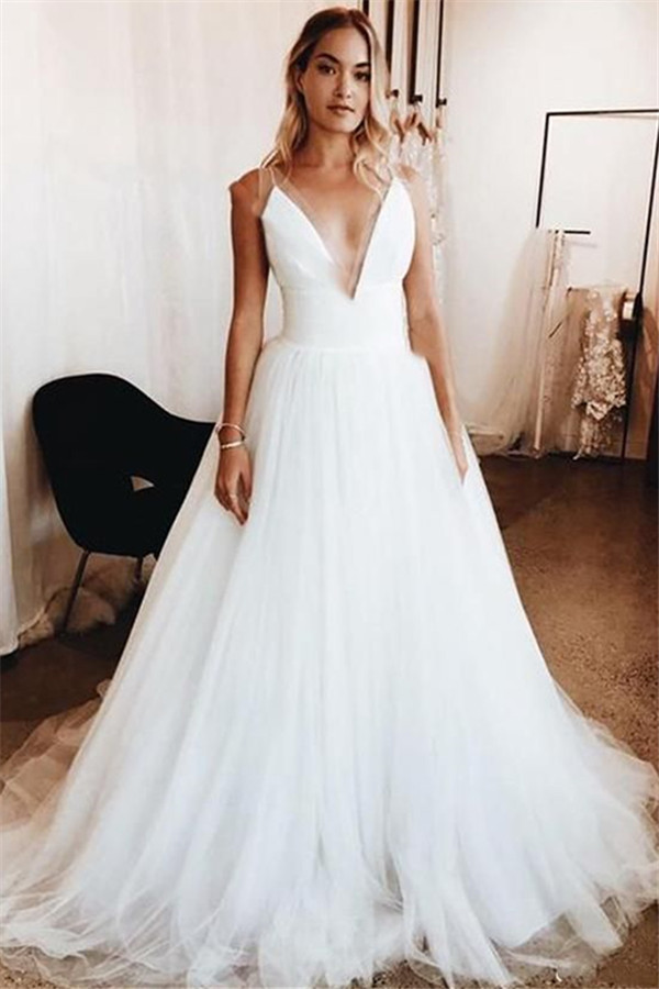 Elegant Sexy V-Neck Appliques Wedding Dresses | See Through Sleeveless Bridal Gowns-newarrivaldress