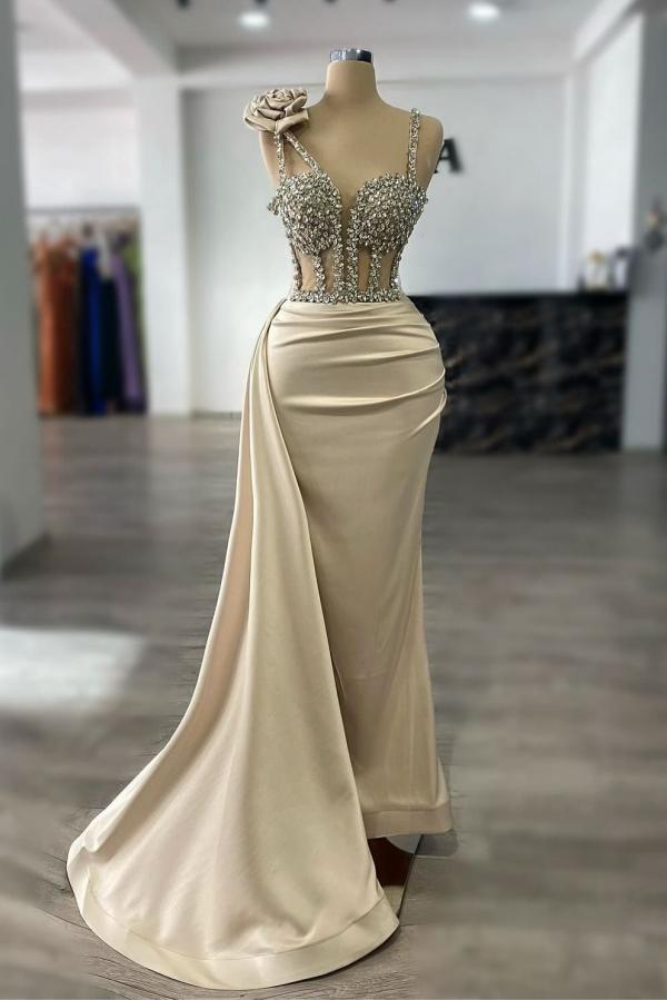 Stunning Champagne Satin Sheath Evening Dress with Sparkly Crystals-newarrivaldress