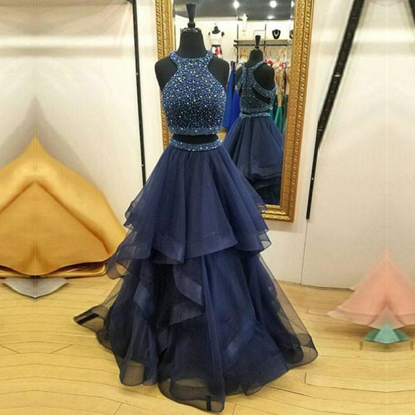 Sleeveless Two Piece Crystals Evening Gowns | Modest Jewel Ruffles Prom Dresses-newarrivaldress