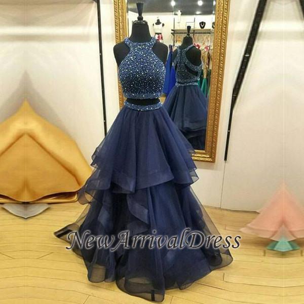 Sleeveless Two Piece Crystals Evening Gowns | Modest Jewel Ruffles Prom Dresses-newarrivaldress