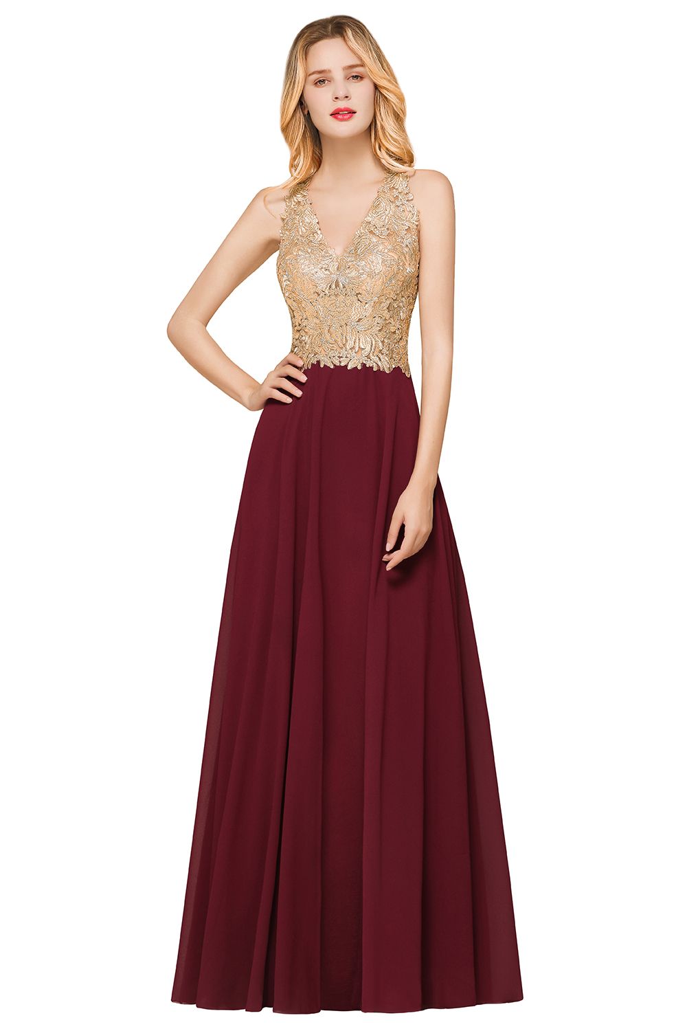 Elegant Aline Chiffon Long Evening Dress Sleeveless Gold Appliques Wedding Party Dress-newarrivaldress