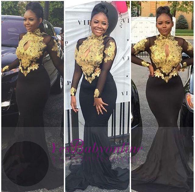 Gold-Appliques Elegant Long-Sleeves Backless High-Neck Prom Dresses-newarrivaldress