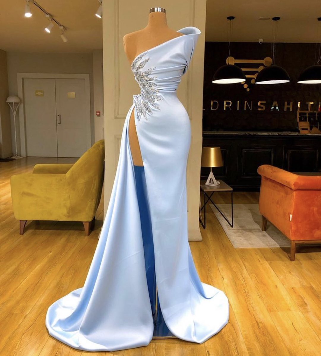 Charming Sky Blue Satin Mermaid Prom Dress with Glitter Beadings-newarrivaldress