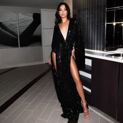 Sexy Deep V-Neck Long Sleeves Front Split Prom Dress-newarrivaldress