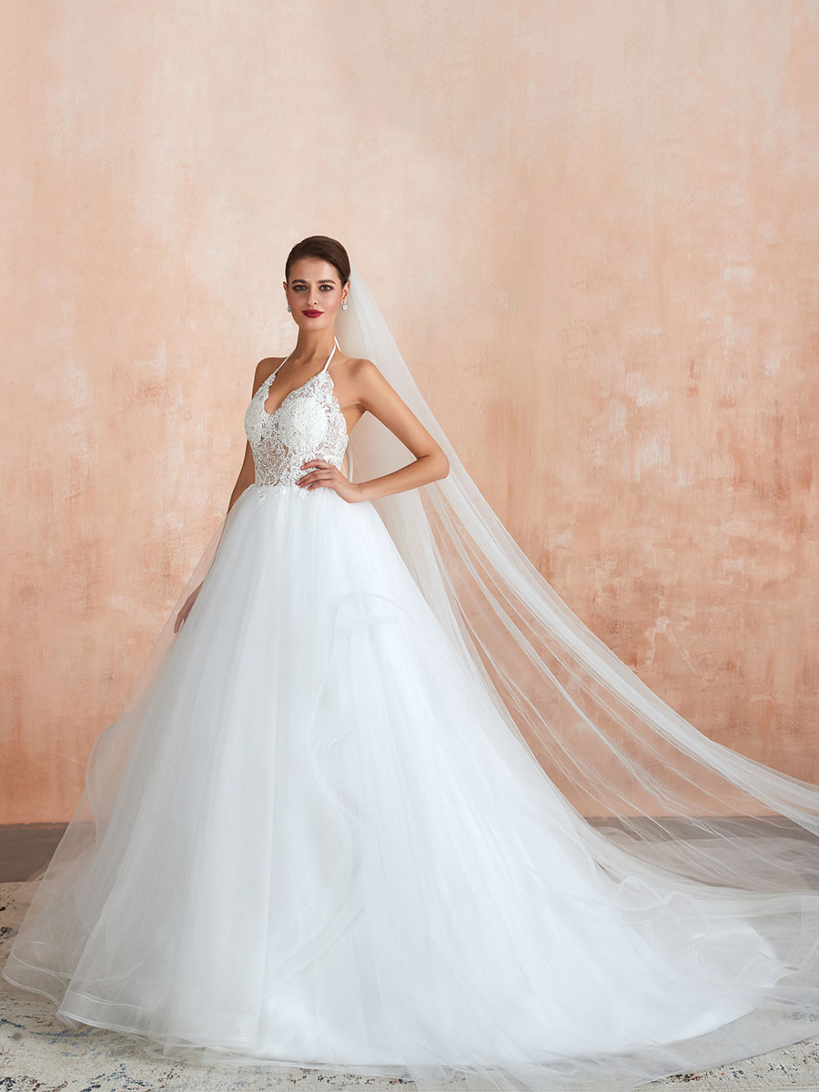 Wedding Dress 2021 Ball Gown Halter Sleeveless Floor Length Lace Tulle Bridal Gowns With Train-newarrivaldress