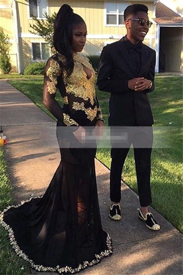 Long-Sleeve Gold-Appliques Black Sexy Mermaid Keyhole Prom Dress-newarrivaldress