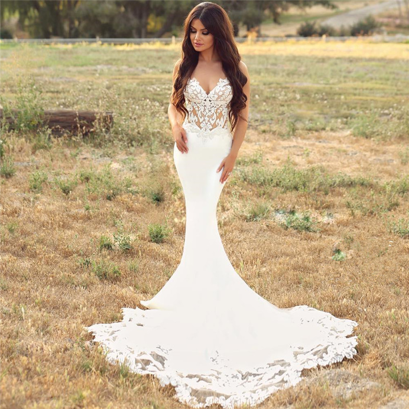 Sexy Spaghetti Strap Cheap Wedding Dresses | Mermaid Chiffon Lace Bridal Gown Online