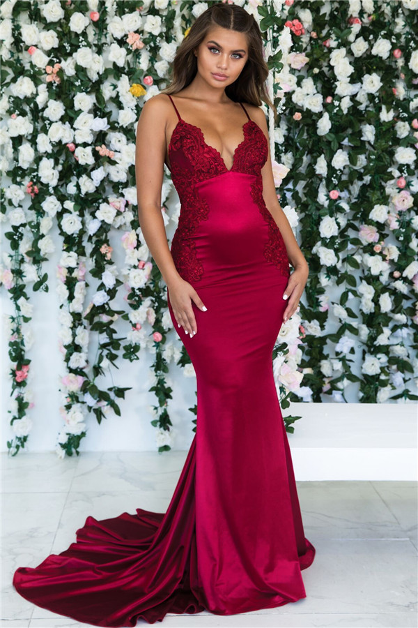 Burgundy Sleeveless Mermaid Backless Prom Dresses | Spaghetti-Straps Lace Appliques Evening Gowns-newarrivaldress