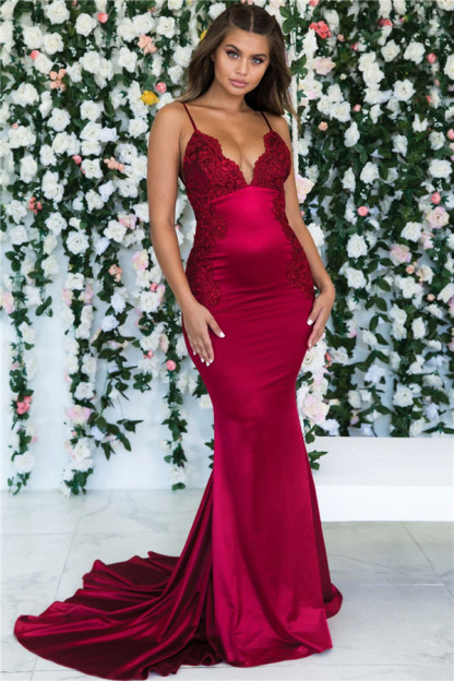 Burgundy Sleeveless Mermaid Backless Prom Dresses | Spaghetti-Straps Lace Appliques Evening Gowns-newarrivaldress