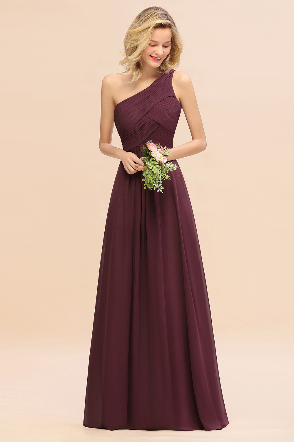 Elegant Ruched Chiffon One Shoulder Bridesmaid Dress Long Sleeveless Evening Dress-newarrivaldress