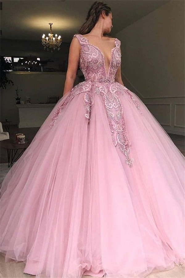 Pink Ball Gown V-Neck Applique Tulle Sleeveless Prom Dersses-newarrivaldress