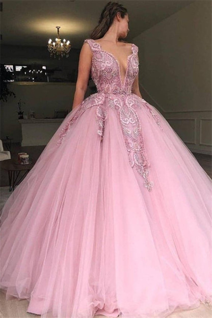 Pink Ball Gown V-Neck Applique Tulle Sleeveless Prom Dersses-newarrivaldress