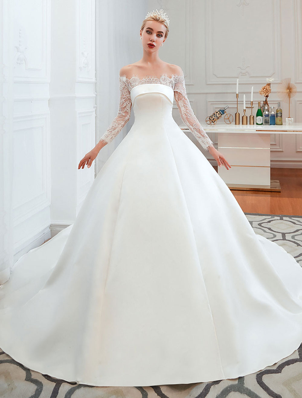 strapless open back dress 3D Flower Ball Gown Princess Wedding Dress Sweetheart Off Shoulder Sweep Train Bridal Gown, White / 2 main image 0