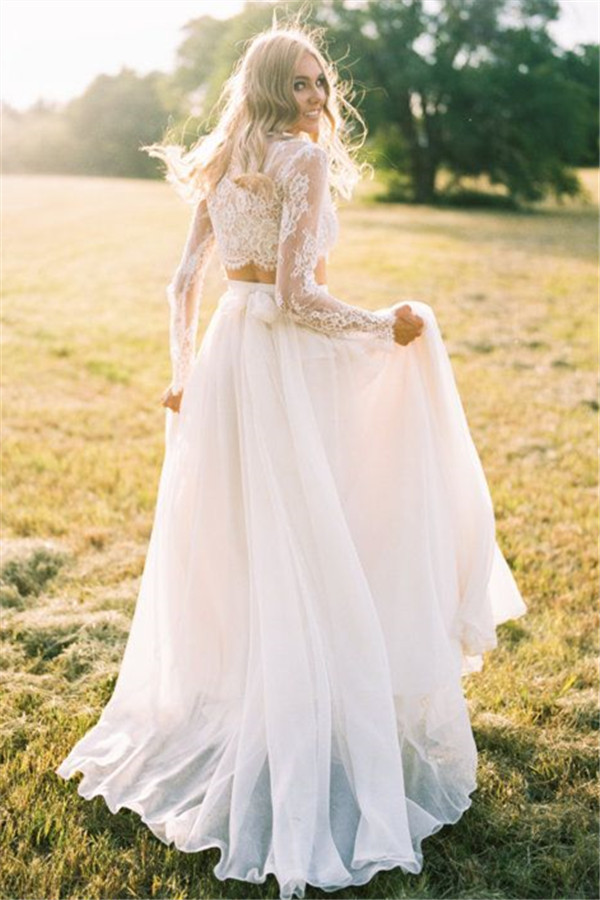 Elegant Two Piece Long Sleeves Chiffon Lace New Arrival A-line Wedding Dresses-newarrivaldress