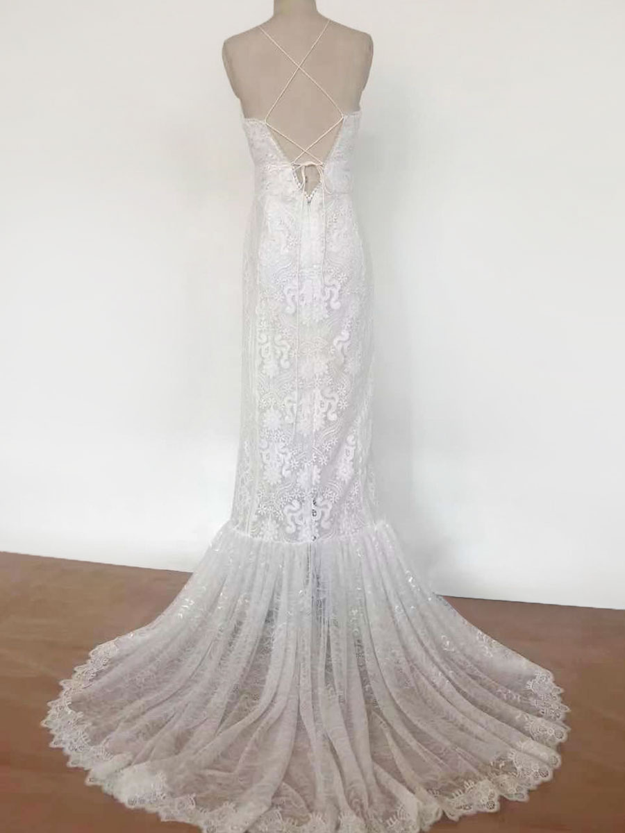 Boho Wedding Dress 2021 Lace A Line Halter Sleeveless Floor Length Bridal Gown With Train-newarrivaldress