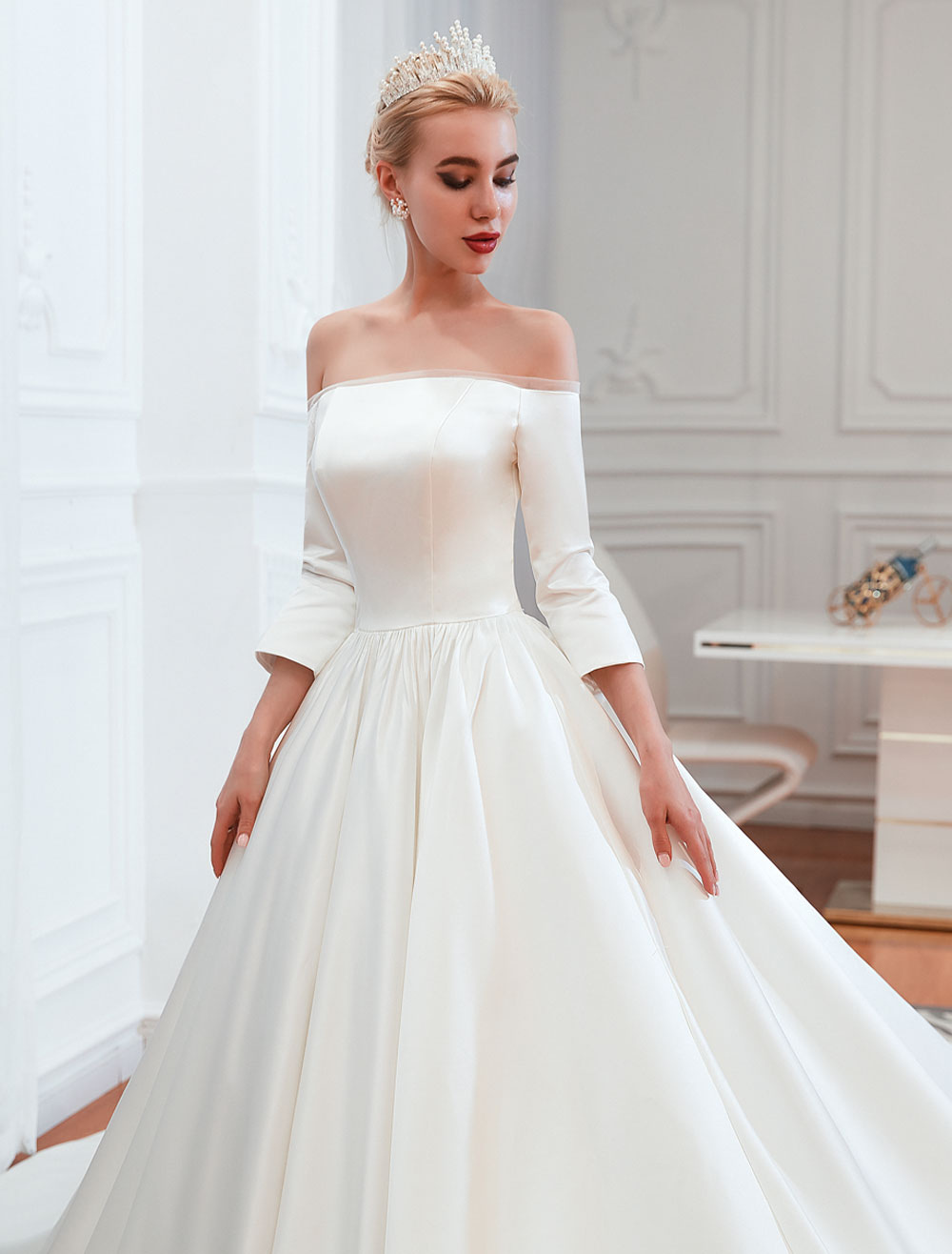 Vintage Wedding Dress 2021 Satin 3/4 Sleeve Off The Shoulder Floor Length Bridal Gowns With Chapel Train-newarrivaldress