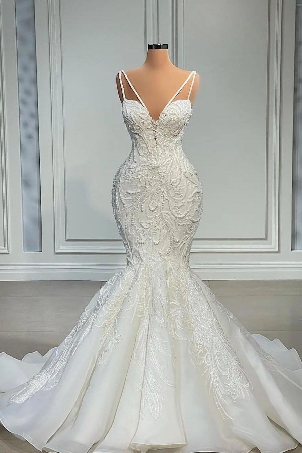 Gorgeous Sweetheart Mermaid Bridal Gown Spaghetti Straps Lace Long Wedding Dress-newarrivaldress