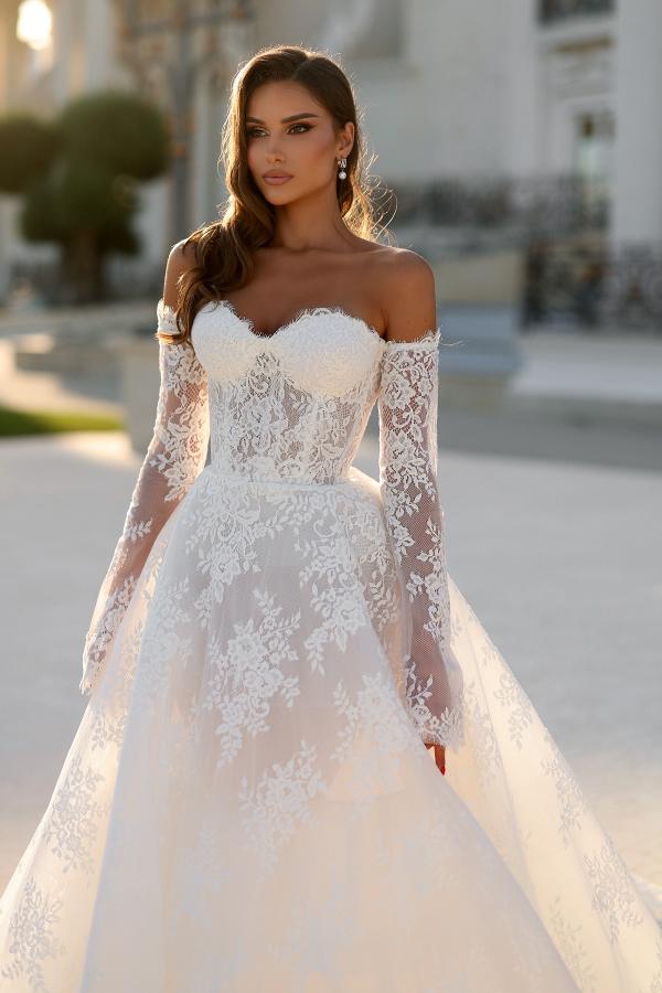 Off Shoulder Long Sleeves Aline Wedding Dresses Sweetheart Floral Lace Bridal Dress with Chapel Train-newarrivaldress