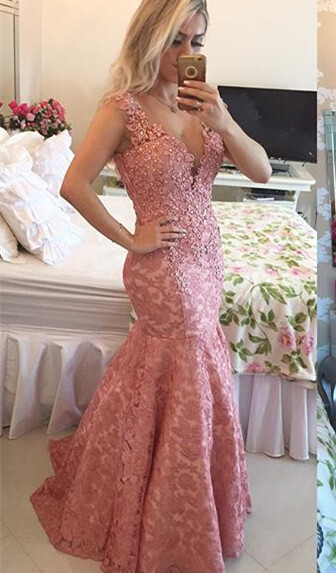 Sexy Deep V-Neck Mermaid Prom Dress Lace Appliques Evening Gowns with Beadings-newarrivaldress