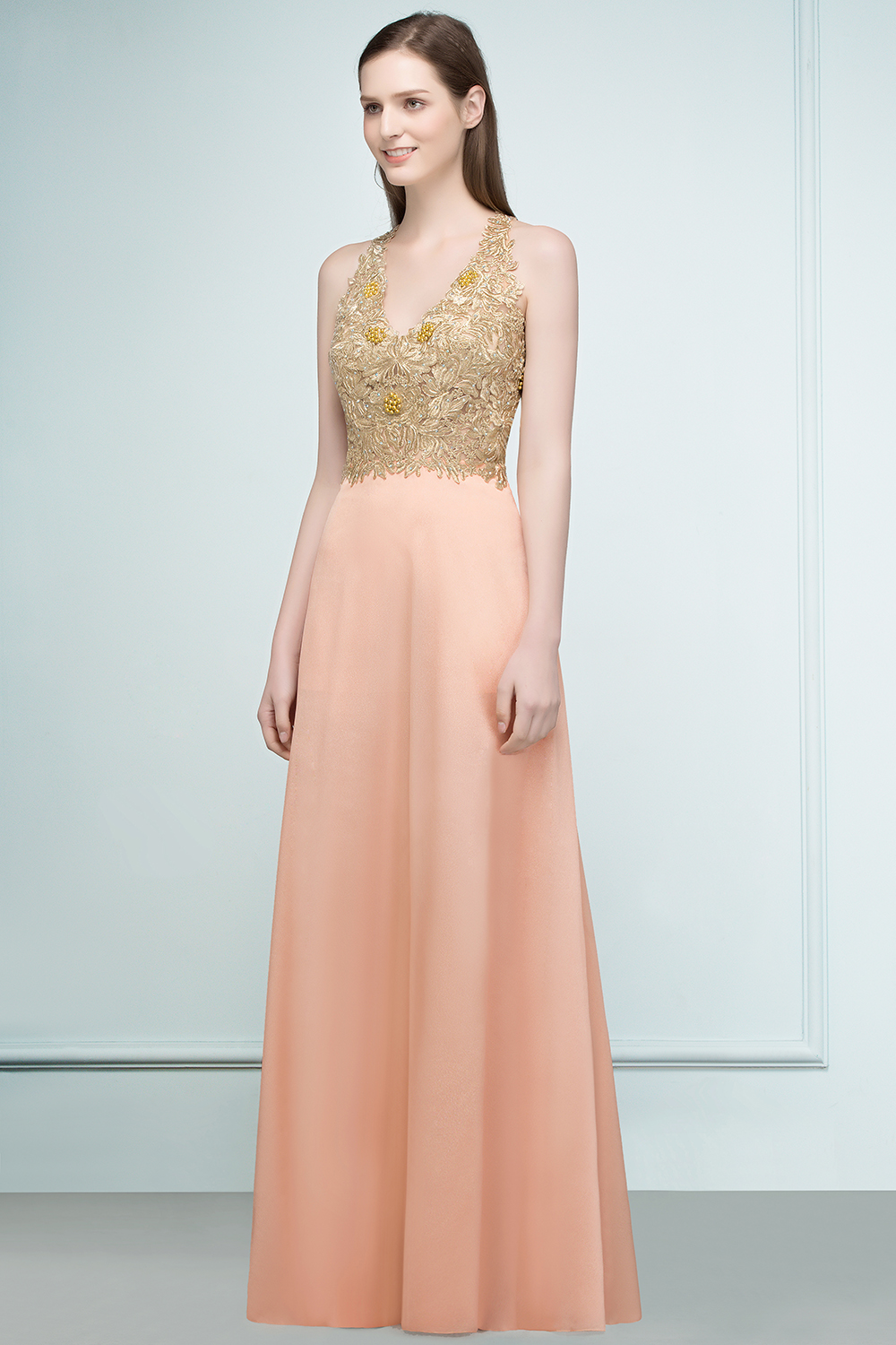 RENA | A-line Floor Length Spaghetti V-neck Appliqued Chiffon Bridesmaid Dresses-newarrivaldress
