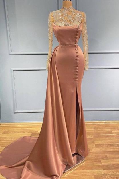 Stylish Long Sleeves Satin Mermaid Prom Dress 3D Floral with Side Weep Train-newarrivaldress