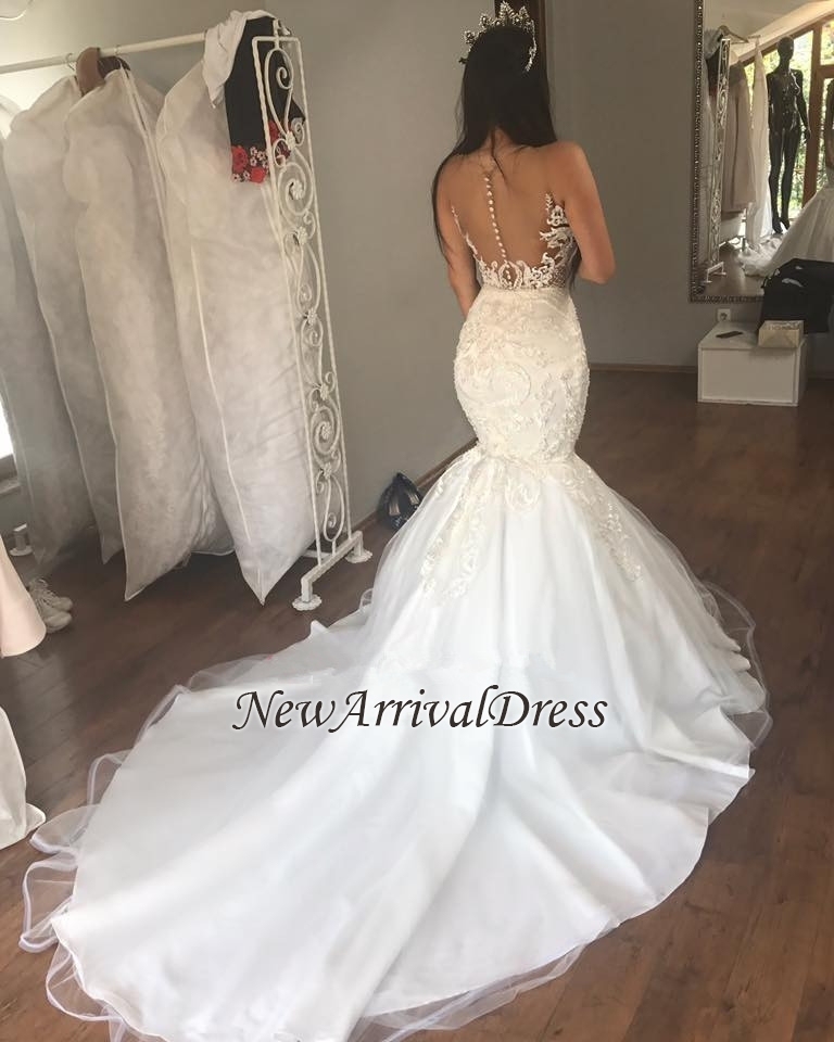 Sleeveless Lace Mermaid Gorgeous Long Buttons Wedding Dresses-newarrivaldress