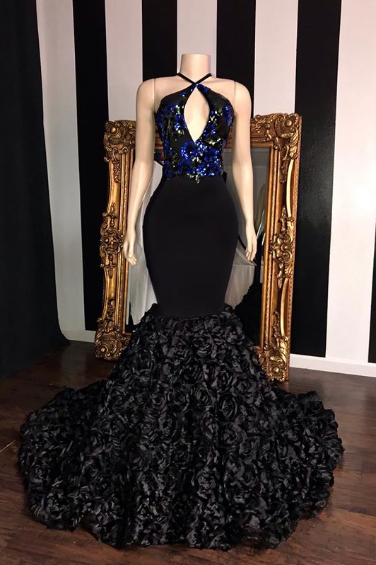 Black Sleeveless Flowers Mermaid Long Prom Dresses | Elegant Halter Sequins Appliques Evening Gowns-newarrivaldress