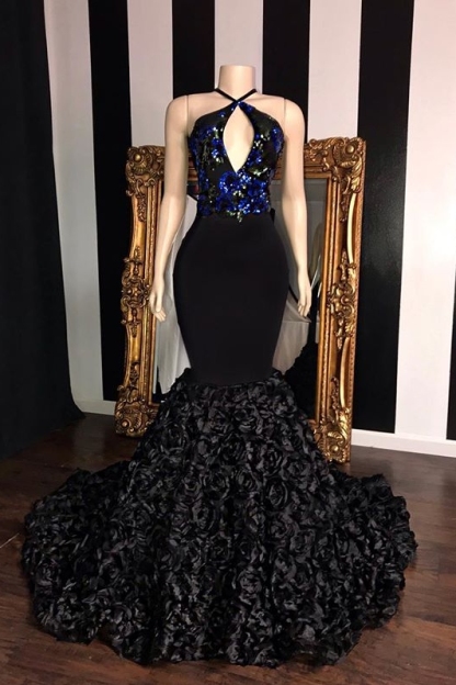 Black Sleeveless Flowers Mermaid Long Prom Dresses | Elegant Halter Sequins Appliques Evening Gowns-newarrivaldress