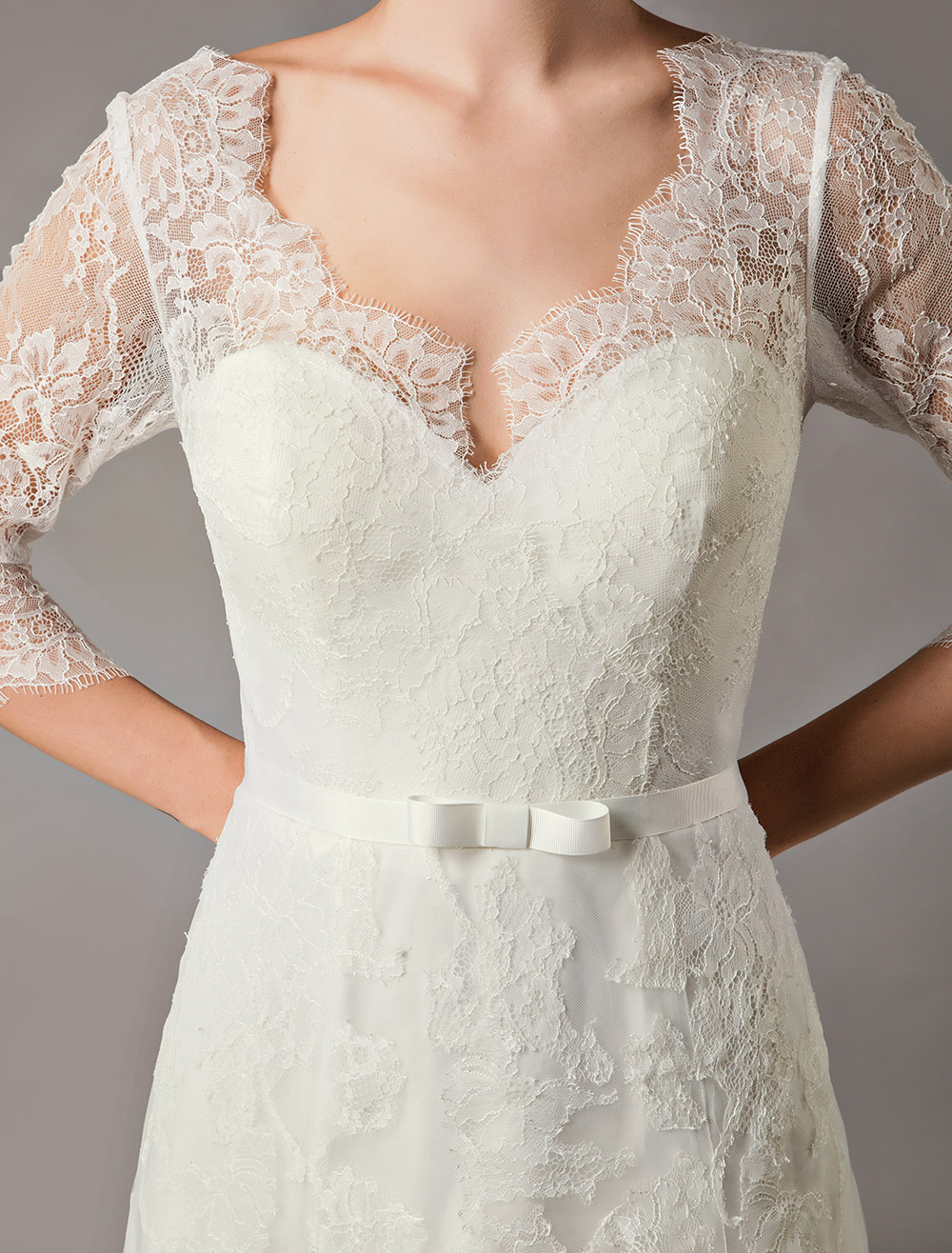 Wedding Dresses A Line Ivory V Neck Lace Tulle Half Sleeve Bridal Dress With Train-newarrivaldress