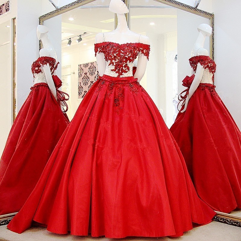 Sleeveless Chapel Train Ball Gown Applique Off-The-Shoulder Prom Dresses-newarrivaldress