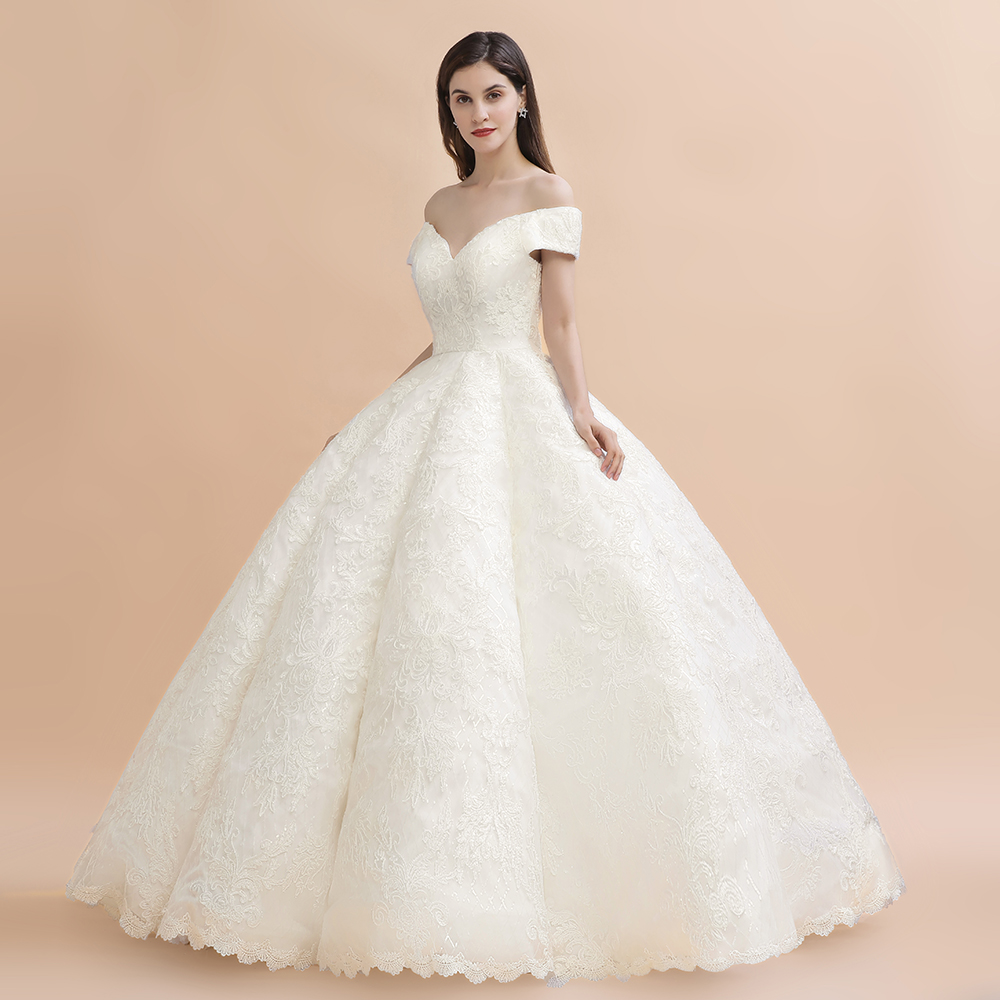 Ivory Off Shoulder Lace Appliques A-line Ball Gown Tulle Wedding Dress-newarrivaldress