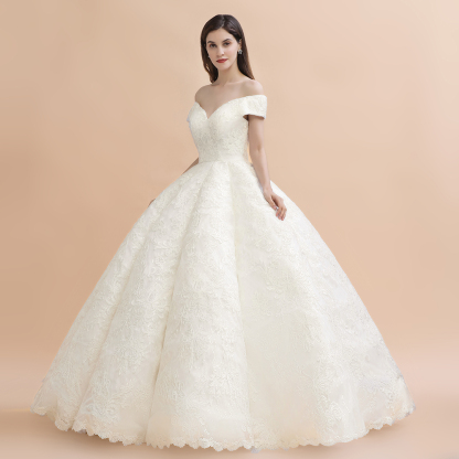 Ivory Off Shoulder Lace Appliques A-line Ball Gown Tulle Wedding Dress-newarrivaldress