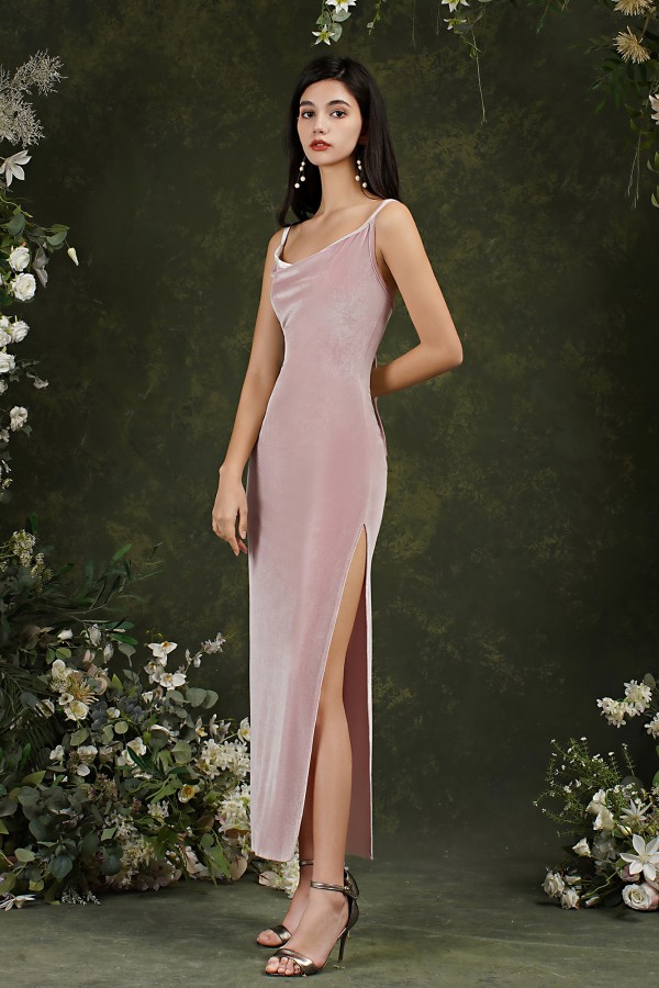Sexy Straps Velvet Sheath Prom Dress Side Slit Mermaid Slim Party Dress-newarrivaldress