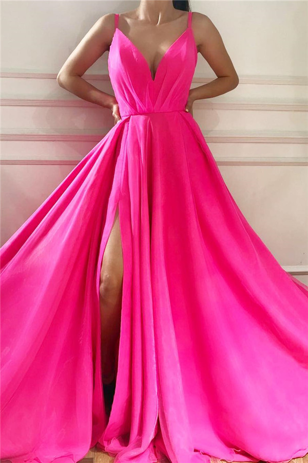 Sexy Spaghetti Straps Sleeveless Long Prom Dress | Affordable V Neck Front Slit Long Pink Prom Dress-newarrivaldress