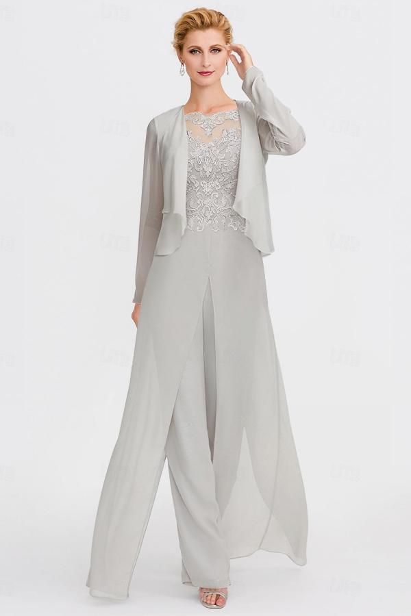 Scoop Neck Chiffon Three Pieces Mother of the Bride Jumpsuits with Lace Appliques-newarrivaldress