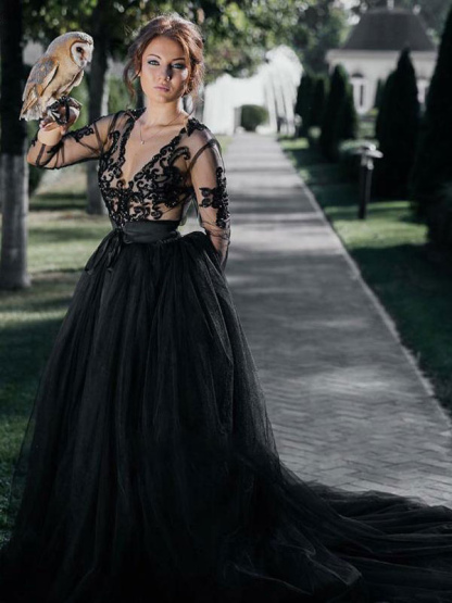 Black Wedding Dresses Tulle A-Line V-Neck Long Sleeves Backless Natural Waist Lace Royal Train Bridal Gown-newarrivaldress