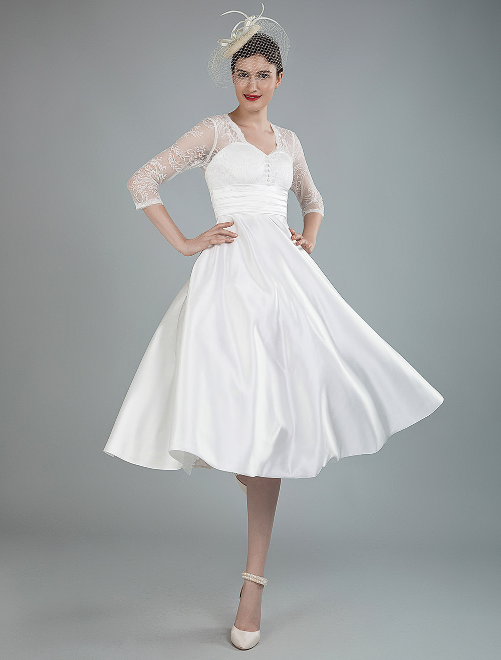 Short Wedding Dresses V Neck 3/4 Length Sleeves A Line Tea Length Traditional Bridal Dresses-newarrivaldress