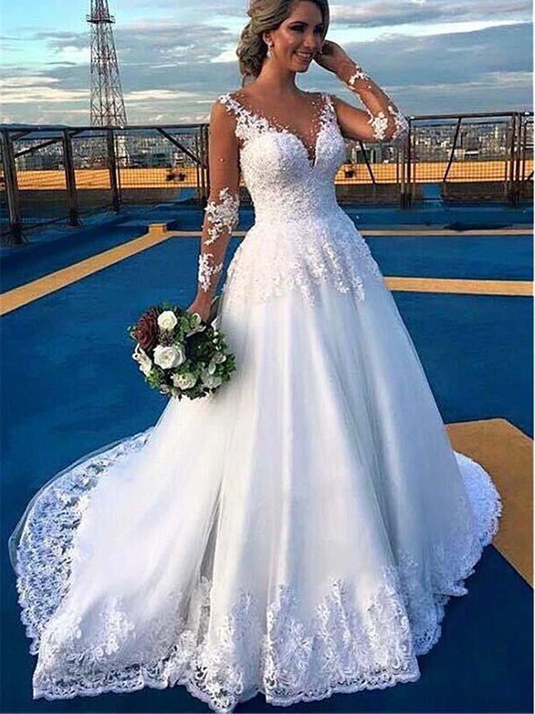 Stylish V-Neck Lace Appliques Aline Wedding Gown Long Sleeves Bridal Dress-newarrivaldress