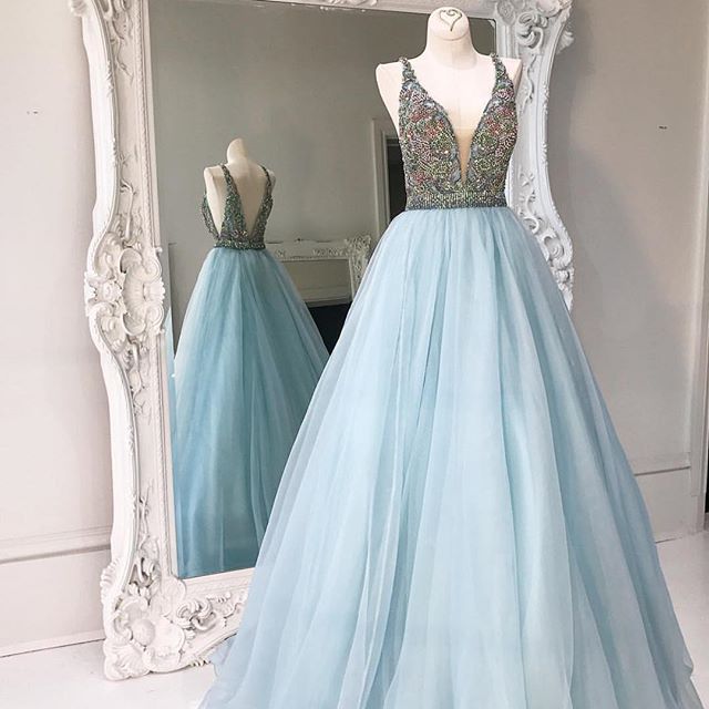 V-neck Sleeveless Crystals Stunning Zipper Tulle Custom Made A-line Prom Dresses-newarrivaldress