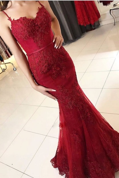 Delicate Red Spaghetti Strap Prom Dress | Mermaid Prom Dress-newarrivaldress