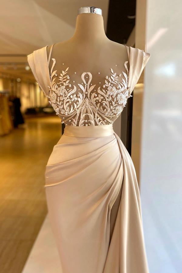Champagne Sleeveless Satin Long Prom Dress Floral Side Split Evening Dress with Sweep Train-newarrivaldress