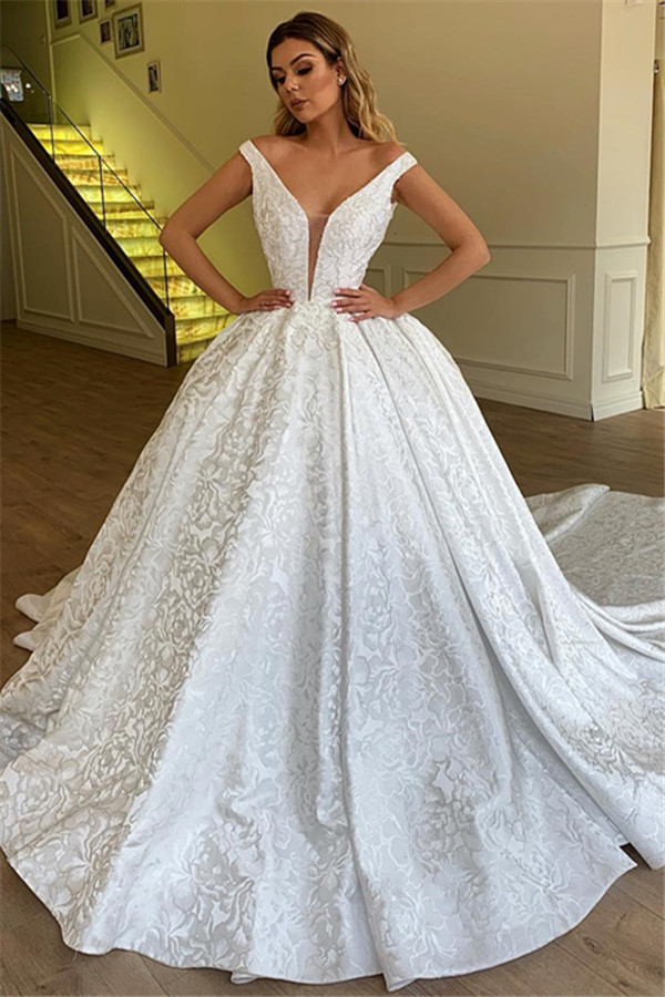 Off The Shoulder Printed Fabric Bridal Gowns | New Arrival Ball Gown Wedding Dresses-newarrivaldress