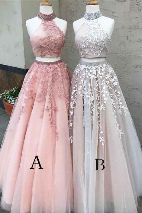 Modern High Neck Sleeveless Custom Made A-line Lace Appliques Two Piece Prom Dresses-newarrivaldress