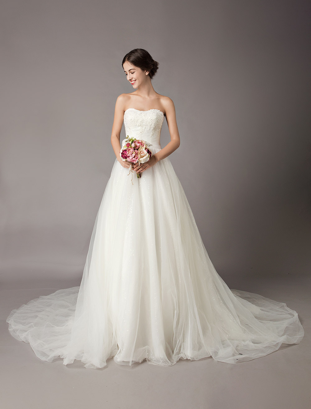 Wedding Dresses Ivory Strapless Lace Beaded Chapel Train Bridal Gowns-newarrivaldress
