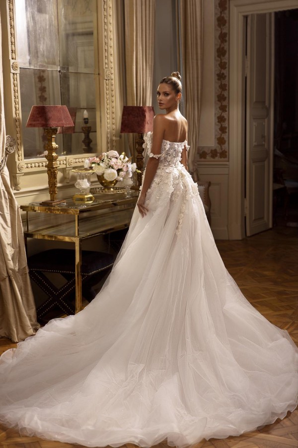 Romantic Off Shoulder White Floral Beach Wedding Dress Side Split Lace Tulle Bridal Dress-newarrivaldress