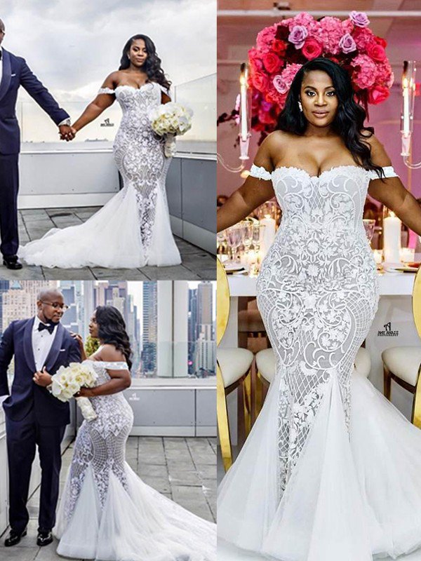 Tulle Court Train Mermaid Sleeveless Off-the-Shoulder Ruffles Wedding Dresses-newarrivaldress