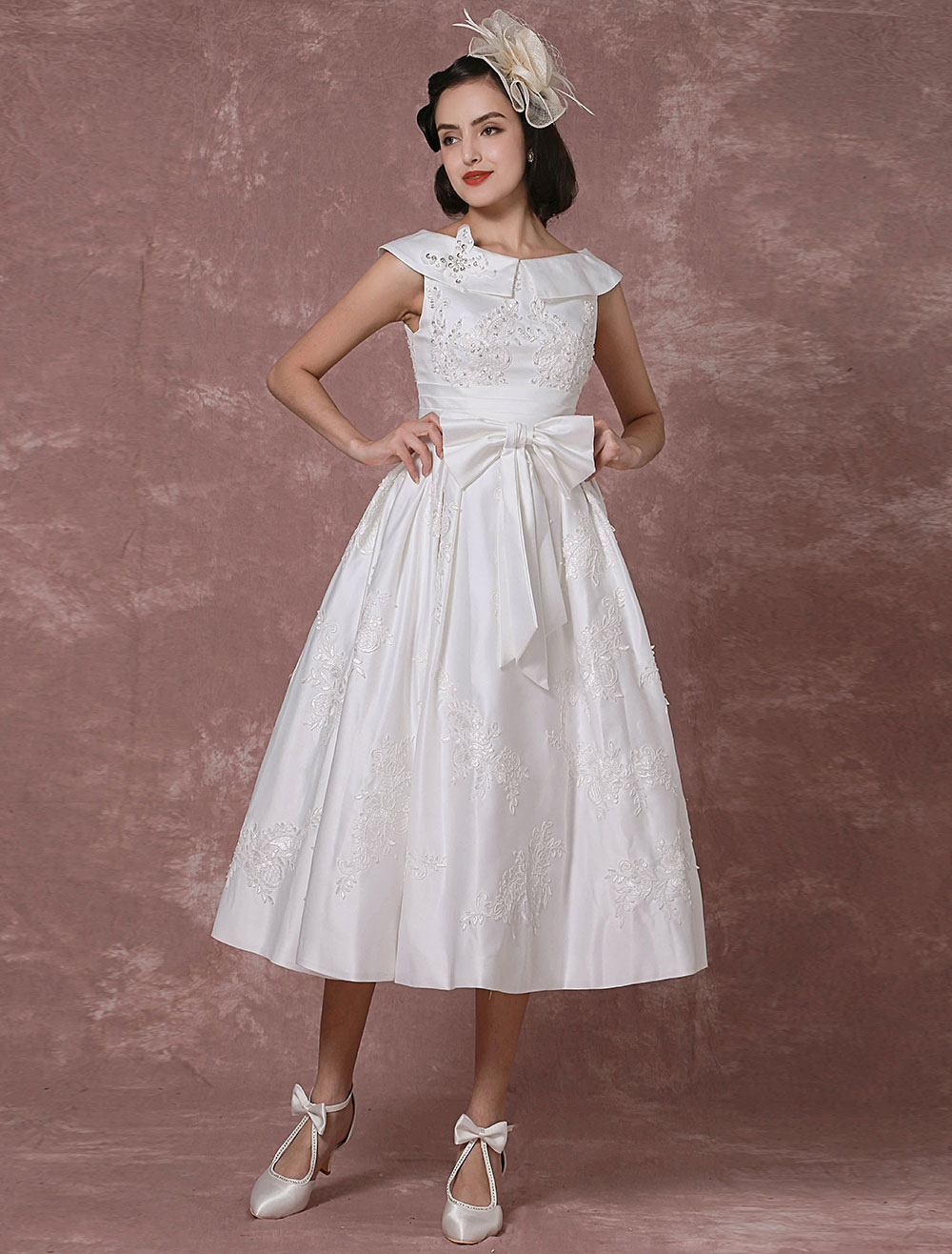 Vintage Wedding Dress Satin Short Bridal Gown Lace Beading Tea Length Reception Bridal Dress Detachable Bow Sash Exclusive-newarrivaldress