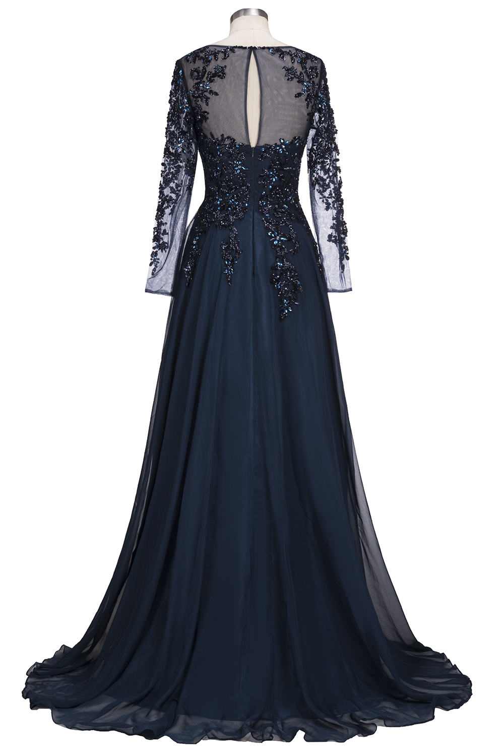 Dark Navy A-line Floor Length Long Sleeve Beads Appliques Elegant Evening Dresses-newarrivaldress