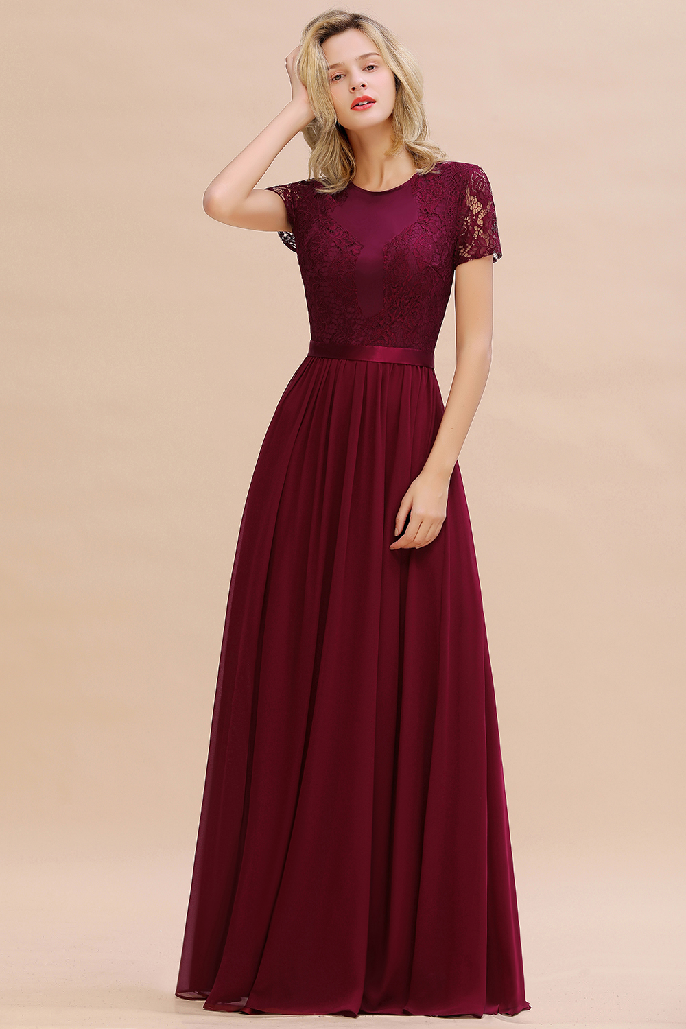 Elegant Chiffon Lace Jewel Short-Sleeves Bridesmaid Dress Floor-Length A-Line Wedding Guest Dress-newarrivaldress